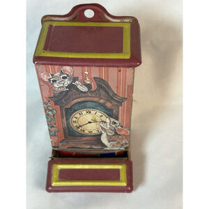 Vintage Jasco Tin Matchbox Safe Colorful Paint W/ Mice And Clock Rusted Look